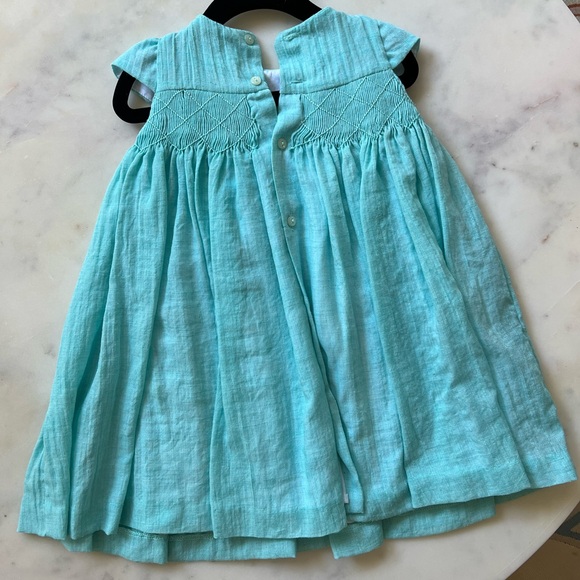 Luli and Me Aqua Blue Dress with Pink Flower Smocking, 24 Months - Picture 2 of 5